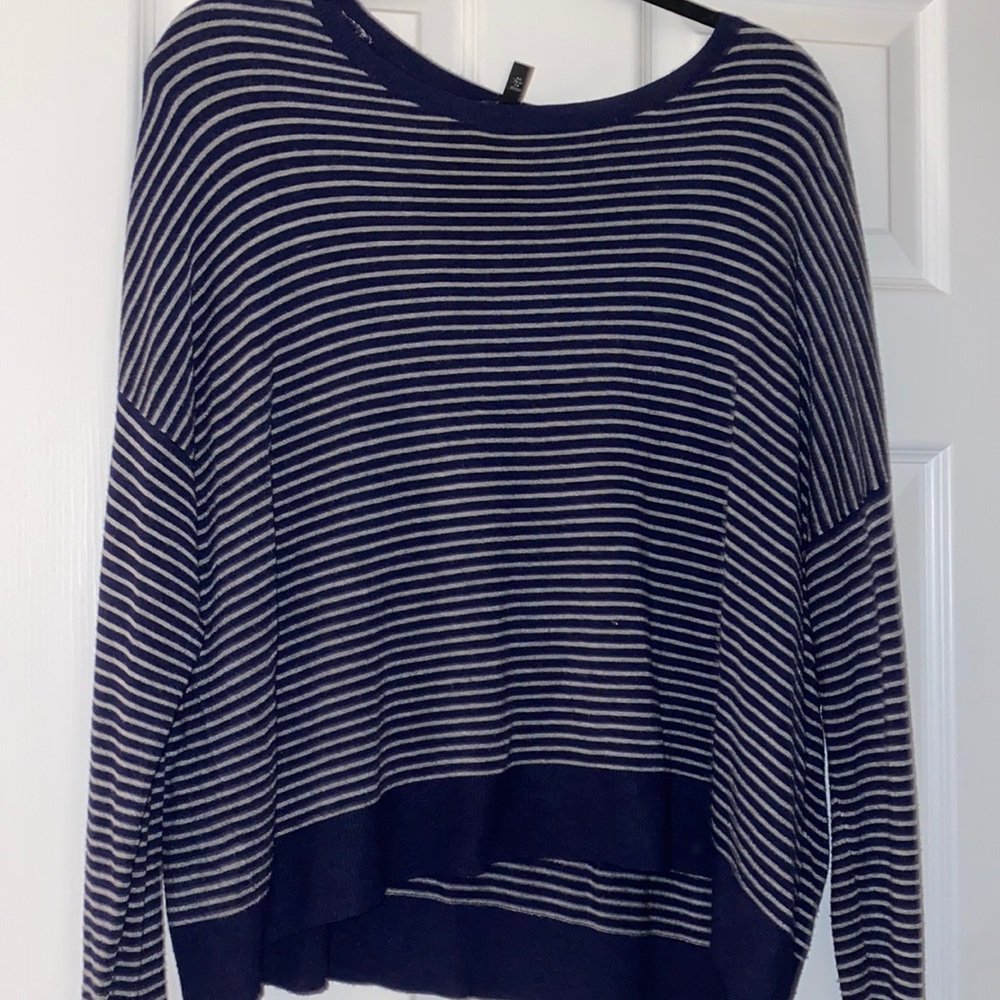Blue and white striped long sleeve sweater